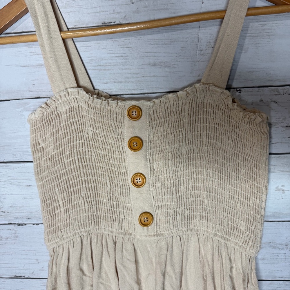 Ava James Beige Smocked Button-Front Linen Blend Midi Sundress Small Cream Tan - Picture 4 of 7
